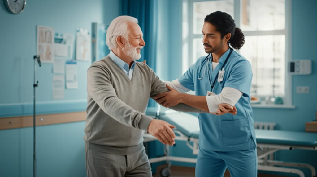 Fotografia realistica di un paziente anziano sorridente mentre fa esercizi di riabilitazione leggera con un fisioterapista dedicato in una stanza luminosa e accogliente di ospedale. Obiettivo prime 35mm, profondità di campo accentuata per isolare i soggetti, luce naturale controllata che entra da una finestra.