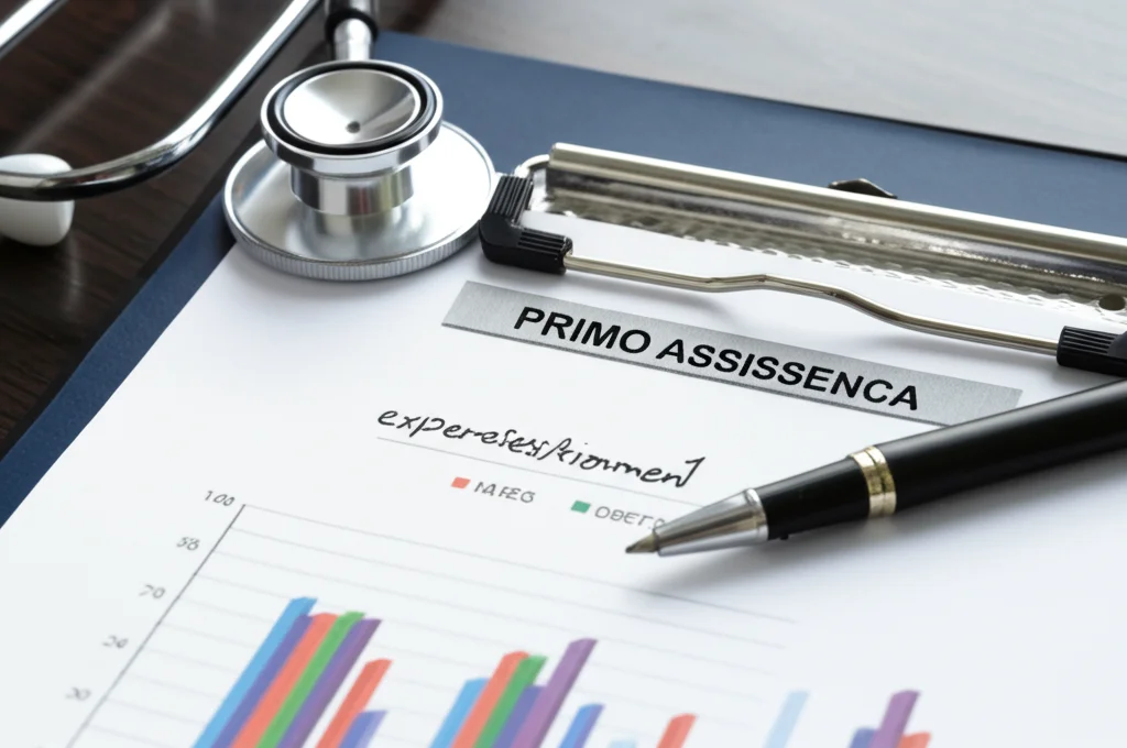 Primo piano macro di una cartella clinica aperta su una scrivania, con un piano di assistenza personalizzato scritto a mano e grafici di miglioramento. Accanto, uno stetoscopio e una penna. Obiettivo macro 100mm, alta definizione dei dettagli del testo e della carta, messa a fuoco precisa sul piano, illuminazione controllata da studio.