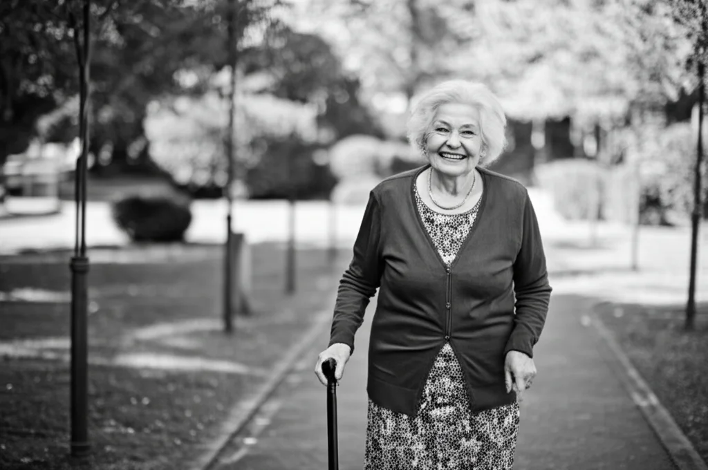 Ritratto fotografico di una donna anziana sorridente e serena che cammina con sicurezza, magari appoggiandosi leggermente a un bastone elegante, in un parco verde e soleggiato. Obiettivo zoom 50mm, bianco e nero con pellicola a grana fine per un tocco classico, profondità di campo che sfoca leggermente lo sfondo.