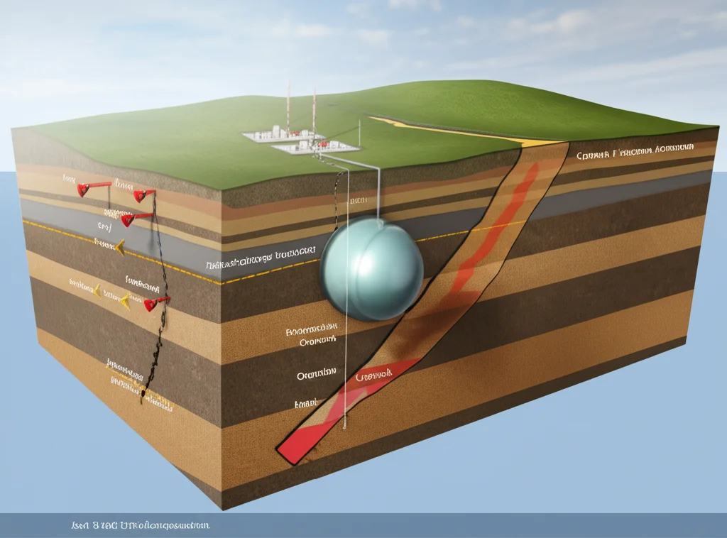 Visualizzazione 3D fotorealistica di un impianto di stoccaggio sotterraneo di gas (UGS) in un serbatoio depletato. Vista in sezione del sottosuolo che mostra gli strati geologici (serbatoio poroso, caprock impermeabile con una faglia), pozzi di iniezione/estrazione e la bolla di gas stoccato. Lente wide-angle 15mm per catturare l'ampiezza della struttura sotterranea, luce ambientale che filtra dalla superficie.