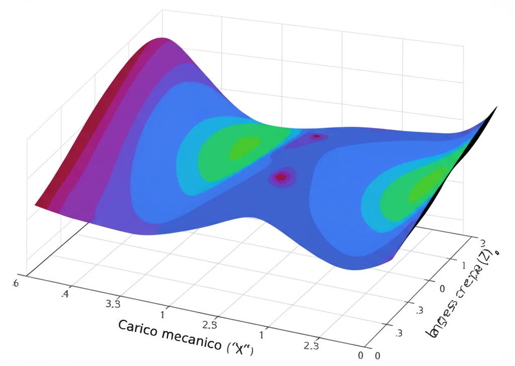 Grafico a superficie di risposta 3D colorato e interattivo (simulato) che mostra come lo stress (asse Z) varia in funzione della lunghezza della crepa (asse X) e del carico meccanico (asse Y). La superficie è liscia con colori che indicano i livelli di stress. Stile infografica scientifica moderna, dati chiari, sfondo neutro.