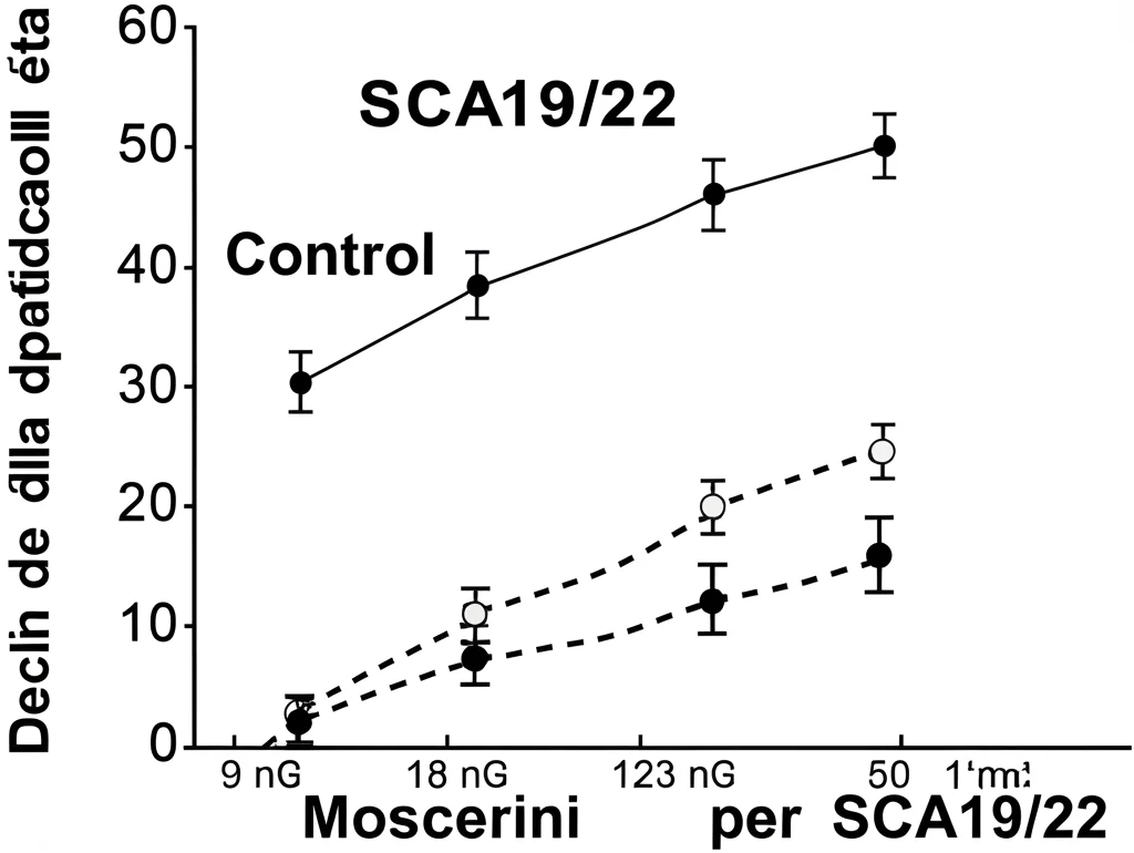 Grafico che mostra il declino della capacità di arrampicata in moscerini Drosophila modello per SCA19/22 con l'avanzare dell'età, confrontato con moscerini di controllo. Dati scientifici visualizzati.