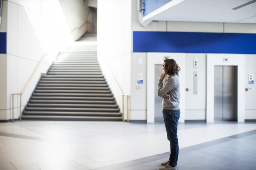 Una persona in un moderno atrio di un edificio universitario, in piedi davanti a un bivio: a sinistra una rampa di scale luminosa, a destra le porte chiuse di un ascensore. La persona sembra pensierosa. Obiettivo prime 35mm, profondità di campo che mette a fuoco la persona e sfoca leggermente lo sfondo, luce naturale dall'alto.