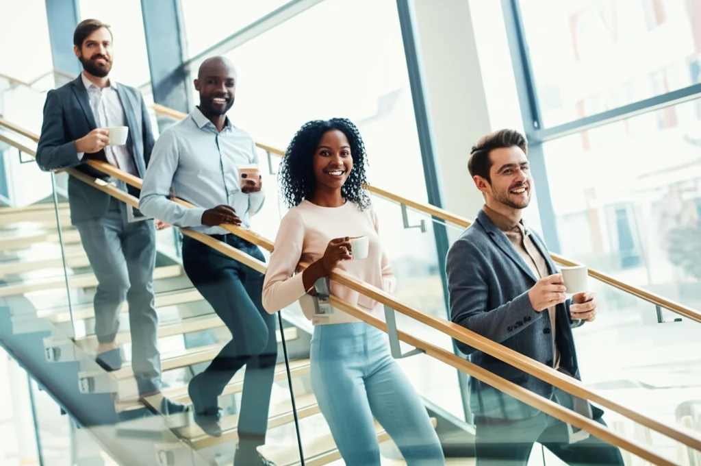 Gruppo di colleghi d'ufficio che salgono sorridendo una moderna rampa di scale interna durante una pausa caffè. La luce è brillante e naturale. Teleobiettivo zoom 150mm, velocità dell'otturatore rapida per congelare il movimento, tracciamento del movimento sui volti sorridenti.