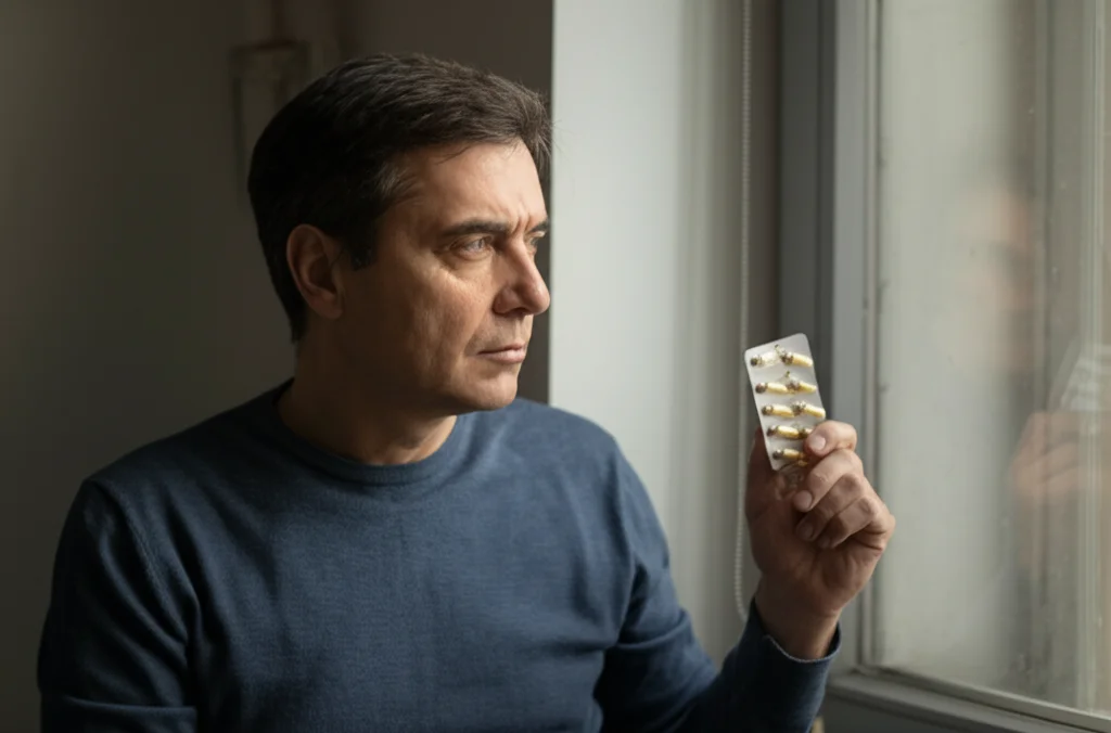 Ritratto di un uomo sulla quarantina, dall'aspetto sano e riflessivo, che tiene in mano una confezione di farmaci generici, luce naturale morbida da una finestra laterale, profondità di campo ridotta, lente prime 50mm.