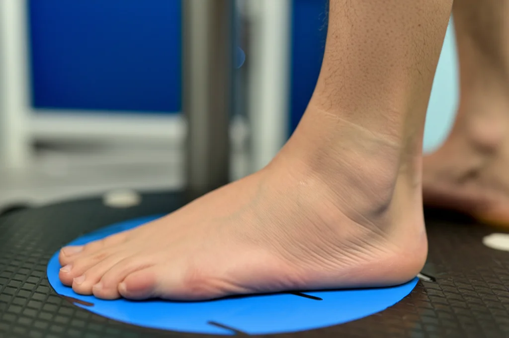 Immagine macro di un piede scalzo su una pedana di forza high-tech, 60mm macro lens, alta definizione, illuminazione controllata, che mostra la pressione distribuita per misurare COP e COG durante un test di equilibrio.