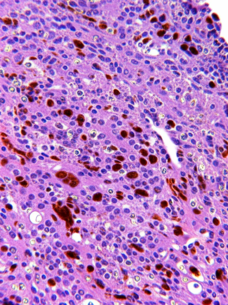 Immagine microscopica ad alta definizione di cellule tumorali della vescica colorate con immunoistochimica per evidenziare l'enzima IDO1 (colore marrone), lente macro 100mm, illuminazione controllata, focus preciso sulle differenze di espressione tra campioni di pazienti responder e non-responder al BCG.