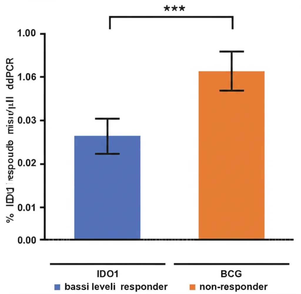 Grafico a barre scientifico che confronta i livelli di espressione di IDO1 (copie/µl misurate con ddPCR) tra pazienti responder (bassi livelli) e non-responder (alti livelli) al BCG, con barre di errore, sfondo neutro.