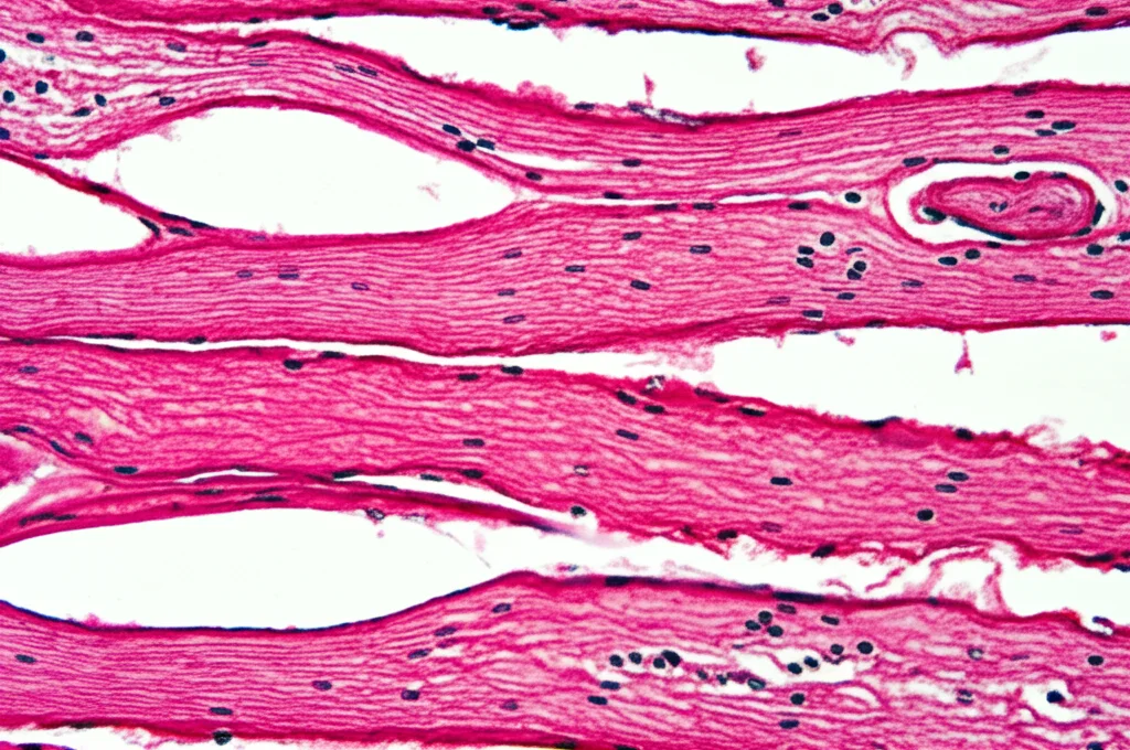 Macro fotografia ad alta definizione di fibre muscolari scheletriche umane, 85mm macro lens, illuminazione controllata per evidenziare la struttura interna complessa dove avviene il metabolismo del ferro, mostrando differenze tra fibre lente (rosse) e veloci (bianche).