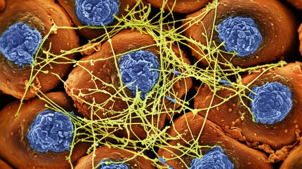 Visualizzazione astratta e fotorealistica di percorsi di segnalazione cellulare interconnessi (NRF2, HIF, AKT/PKB) all'interno di una cellula muscolare, stile microscopia elettronica a colori falsi, alta definizione, luce drammatica, 60mm macro lens, che illustra la complessità della regolazione genica.