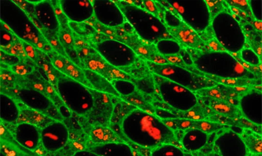 Immagine al microscopio confocale fotorealistica di una fibra muscolare che mostra accumuli di proteina ferritina (punti rossi brillanti) intrappolati all'interno di autofagosomi (strutture verdi), 100mm macro lens, alta definizione, illustrando il concetto di blocco della ferritinofagia.