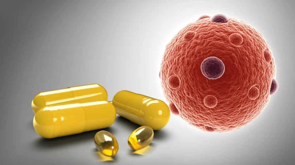 Fotografia still life che mostra capsule di spermidina accanto a un modello 3D fotorealistico di una cellula muscolare, 60mm macro lens, alta definizione, con luce morbida e controllata, simboleggiando il potenziale terapeutico della spermidina nel ripristinare i processi di pulizia cellulare come la ferritinofagia.