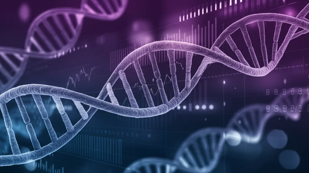 Visualizzazione 3D astratta di doppie eliche di DNA che si intrecciano con grafici di dati luminosi su sfondo scuro, obiettivo prime 35mm, profondità di campo ridotta per focalizzare su una sezione del DNA, colori duotone blu e viola, stile high-tech.