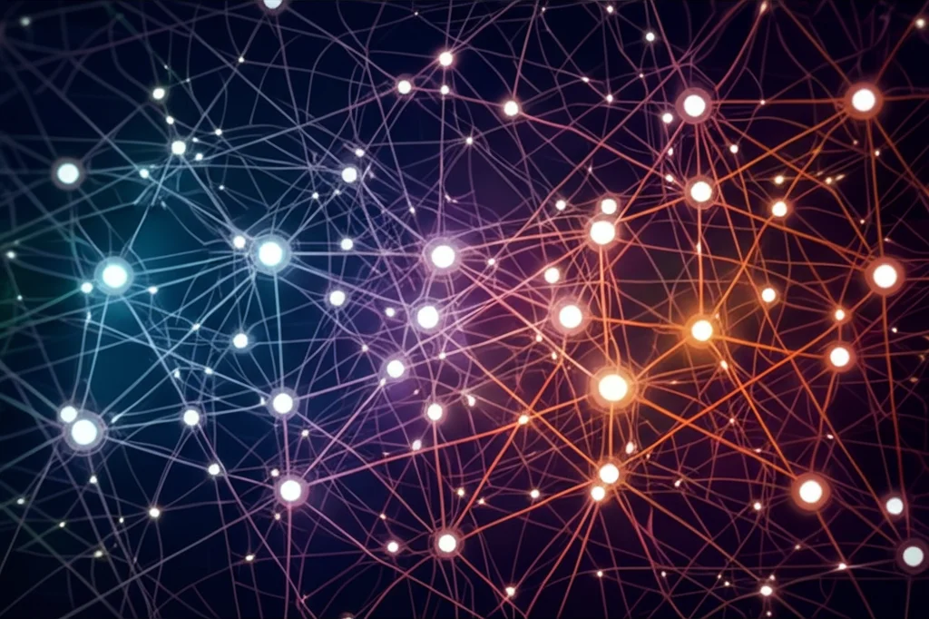 Illustrazione scientifica astratta che mostra una rete complessa di percorsi molecolari interconnessi all'interno di una cellula, con nodi luminosi e linee di collegamento, obiettivo macro 60mm, alta definizione, illuminazione vibrante su sfondo scuro.