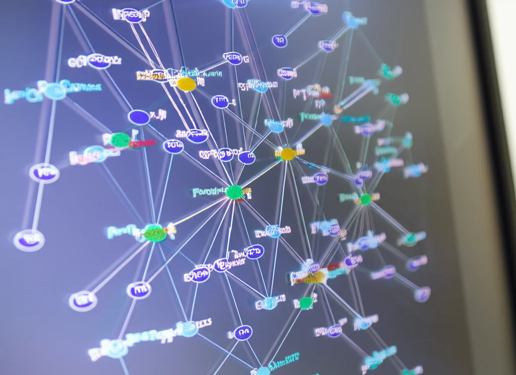 Grafico scientifico complesso che mostra correlazioni tra diversi geni, rappresentato come una rete di nodi colorati (geni) e linee (correlazioni positive/negative), visualizzato su uno schermo digitale, obiettivo 50mm, sfondo sfocato da laboratorio.