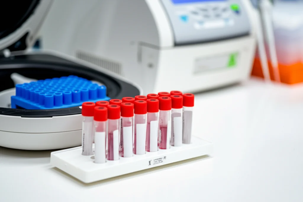 Fotografia di laboratorio still life, obiettivo macro 105mm, che mostra provette contenenti campioni di RNA/DNA su un bancone pulito, con una pipetta e una macchina PCR sullo sfondo sfocato, illuminazione controllata e precisa, alta definizione dei dettagli.