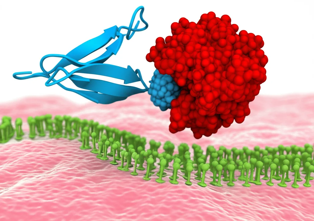 Illustrazione 3D di una molecola DGlyTAC, composta da un nanocorpo blu legato a un enzima PNGase F rosso, che si avvicina a una proteina PD-L1 verde sulla membrana di una cellula tumorale rosa. Macro lens 100mm, alta definizione, illuminazione controllata che evidenzia l'interazione molecolare.