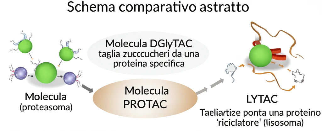 Schema comparativo astratto: molecola DGlyTAC che taglia zuccheri da una proteina specifica; molecola PROTAC che porta una proteina a un 'cestino' (proteasoma); molecola LYTAC che porta una proteina a un 'riciclatore' (lisosoma). Wide-angle 20mm, grafica pulita, colori distinti per ogni tecnologia.