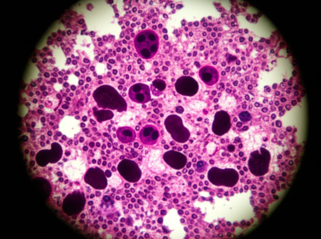 Immagine macro ad alta definizione di cellule di carcinoma renale papillare di tipo 2 al microscopio elettronico, con illuminazione controllata che evidenzia le strutture cellulari complesse e i nuclei ingranditi, focale 100mm, dettagli precisi.