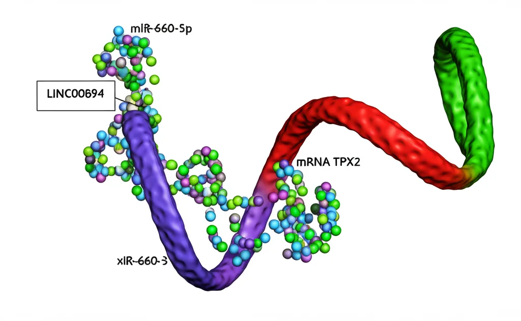 Visualizzazione 3D artistica di una rete molecolare ceRNA, mostrando molecole di LINC00894 (lunghe catene) che legano e sequestrano molecole di miR-660-5p (piccole sfere), impedendo loro di legarsi all'mRNA di TPX2 (catena bersaglio). Colori vivaci e dettagli molecolari precisi.