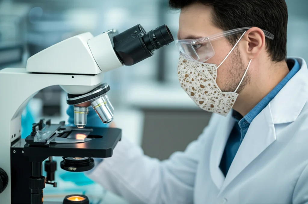 Fotografia di un patologo che esamina al microscopio un vetrino di tessuto tumorale renale colorato con immunoistochimica per TPX2, focus nitido sul vetrino che mostra cellule positive marroni, sfondo leggermente sfocato del laboratorio, lente prime 35mm, profondità di campo.