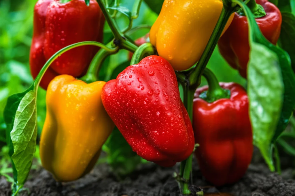 Primo piano macro di peperoni dolci rossi e gialli perfettamente maturi, ancora attaccati alla pianta in un campo coltivato, con gocce d'acqua sulle bucce lucide. Lente macro 100mm, alta definizione dei dettagli, luce naturale morbida e controllata.