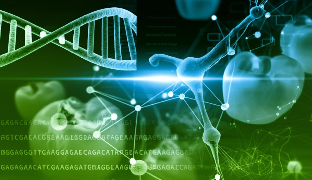 Visualizzazione concettuale astratta di una rete neurale convoluzionale (CNN) con nodi luminosi e connessioni, sovrapposta a dati genomici stilizzati (sequenze di DNA) e immagini semi-trasparenti di peperoni. Colori dominanti blu elettrico e verde lime, effetto duotone, profondità di campo accentuata.