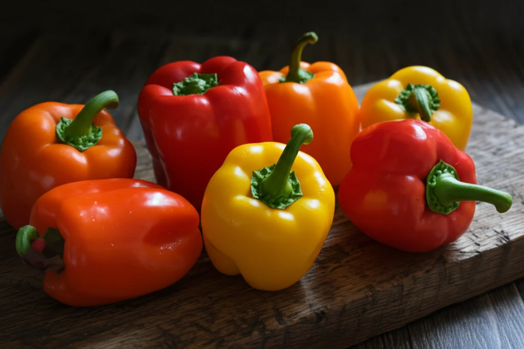 Fotografia still life di alcuni peperoni dolci selezionati (genotipi G12, G13), perfettamente formati, lucidi e dai colori vivaci (rosso, giallo), disposti artisticamente su un tavolo di legno scuro e rustico. Lente macro 100mm, illuminazione da studio laterale che crea ombre morbide, altissima definizione dei dettagli della buccia.