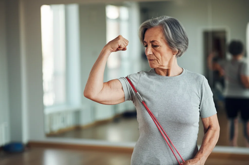 Persona anziana (over 60) che esegue esercizi di potenziamento muscolare leggero con elastici in una palestra luminosa, focus sul bicipite contratto, obiettivo zoom 70-200mm a 100mm, profondità di campo, espressione concentrata ma serena.
