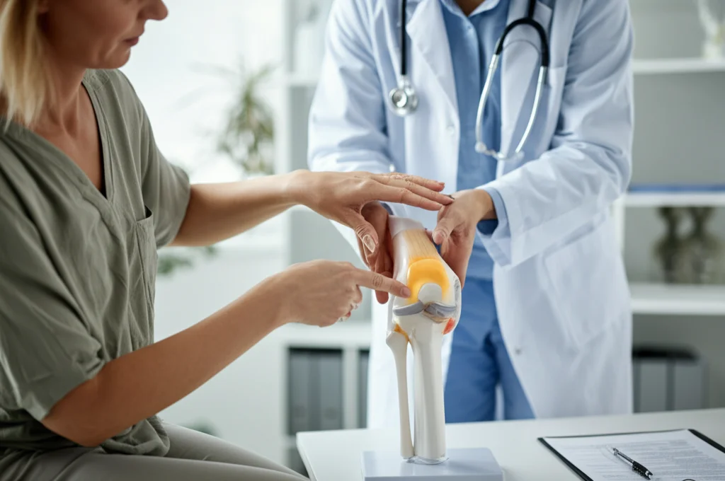 Donna di mezza età che consulta un medico o un fisioterapista riguardo alla salute delle sue articolazioni, ambiente clinico moderno e luminoso, primo piano sulle mani che indicano un modello di ginocchio, obiettivo 35mm, profondità di campo, luce naturale dalla finestra.