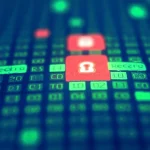 Concetto astratto di sicurezza digitale applicata a un'immagine: una griglia di blocchi luminosi 2x2 sovrapposta a una fotografia dettagliata, con alcuni blocchi evidenziati in rosso (manomissione rilevata) e altri in verde (recupero dati in corso), obiettivo 50mm, profondità di campo ridotta, illuminazione high-tech soffusa, colori blu scuro e verde brillante duotone, alta definizione.