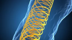 Illustrazione fotorealistica della proteina gigante connectina/titina che si estende come una molla molecolare dorata all'interno di un sarcomero muscolare stilizzato e traslucido. Dettaglio elevato sulla struttura a spirale della proteina, illuminazione scientifica che evidenzia l'elasticità, obiettivo macro 80mm, focus selettivo sulla porzione centrale della molecola.