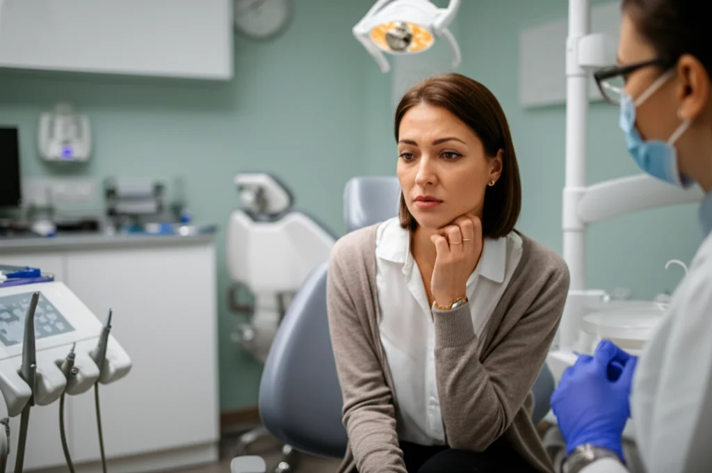 Ritratto ambientato, 35mm, di una madre preoccupata che parla con un dentista pediatrico in uno studio dentistico moderno, luce soffusa, profondità di campo che sfoca leggermente lo sfondo, espressione riflessiva della madre.