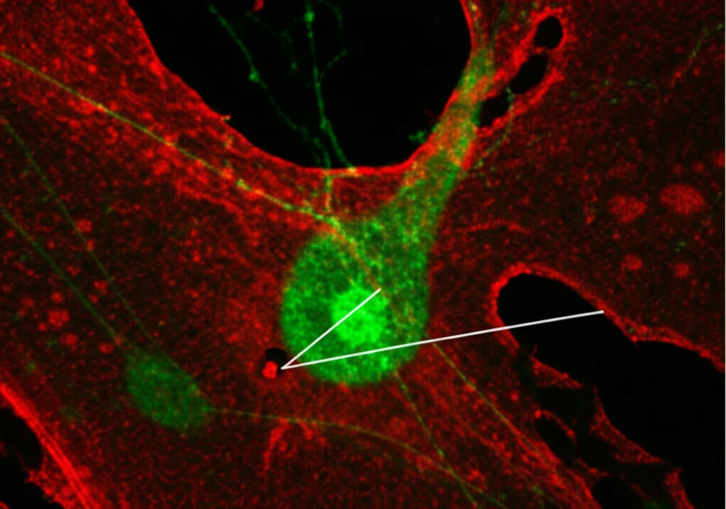Immagine macro ad alta definizione di neuroni della lamina I del midollo spinale in una sezione di tessuto, illuminati da fluorescenza. Si vede chiaramente un elettrodo di patch-clamp avvicinarsi a un neurone. Obiettivo macro 100mm, illuminazione controllata per evidenziare le strutture cellulari, focus preciso sull'elettrodo e il neurone.