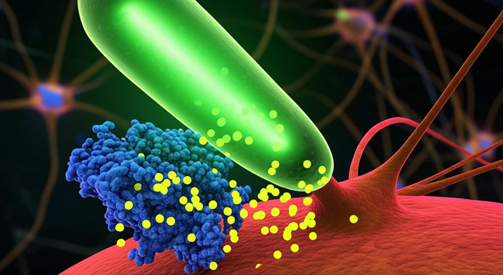 Visualizzazione 3D fotorealistica di una sinapsi eccitatoria complessa nel midollo spinale. Un astrocita Hes5+ (verde brillante) è mostrato mentre rilascia molecole di D-serina (piccole sfere luminose gialle) verso i recettori NMDA (strutture proteiche blu) sulla membrana di un interneurone. In background, altre cellule neurali. Obiettivo macro 60mm, focus preciso sull'interazione astrocita-sinapsi, illuminazione suggestiva.