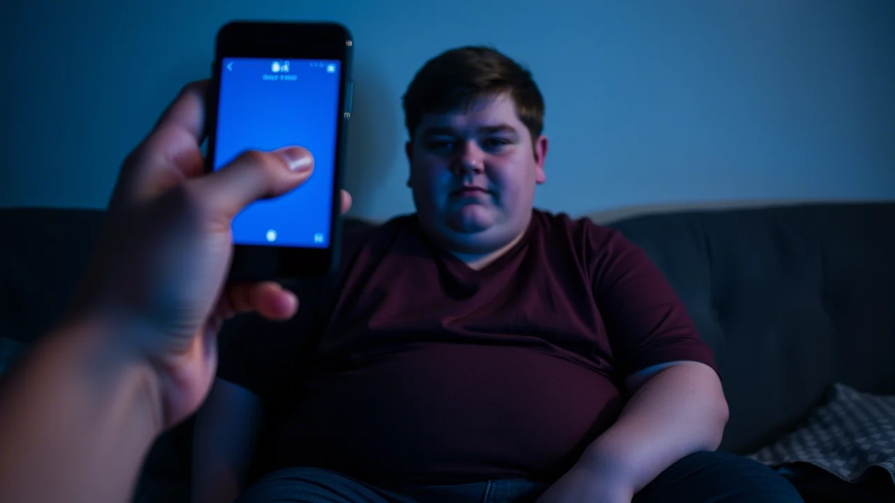 Un adolescente sovrappeso seduto su un divano, illuminato dalla luce bluastra di uno smartphone che tiene in mano, stanza leggermente in penombra. Fotografia ritratto, obiettivo 35mm, profondità di campo ridotta per sfocare lo sfondo, toni freddi blu e grigi duotone.