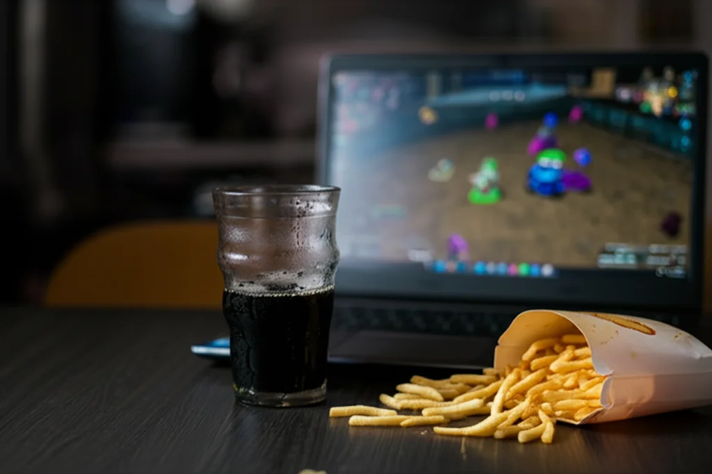 Primo piano su un tavolo disordinato accanto a un laptop aperto con un gioco online sullo schermo; ci sono un bicchiere mezzo pieno di una bevanda gassata scura con ghiaccio e una confezione aperta di patatine fritte da fast food. Fotografia still life, obiettivo macro 100mm, alta definizione, illuminazione controllata per evidenziare le gocce di condensa sul bicchiere.