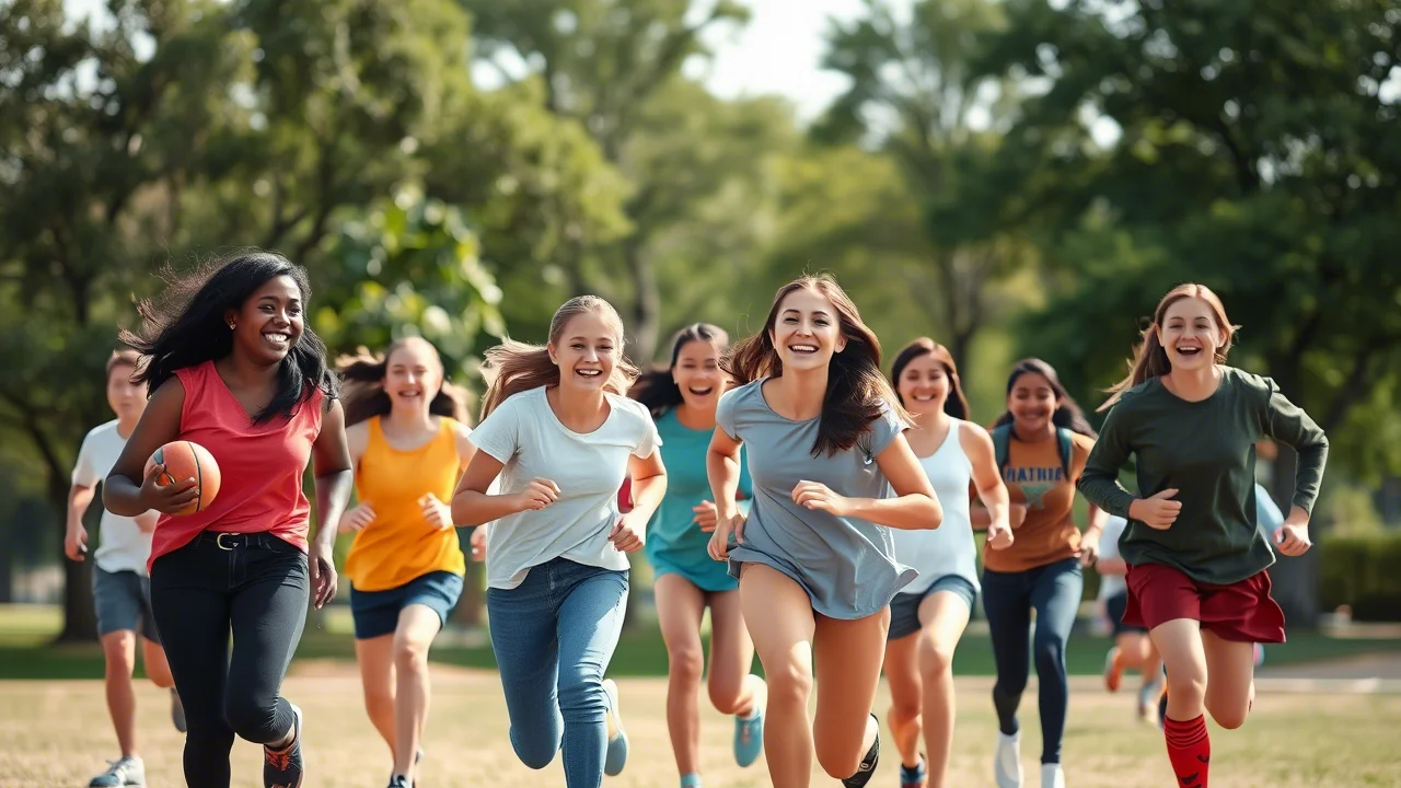 Un gruppo eterogeneo di adolescenti sorridenti che fanno attività fisica all'aperto in un parco, alcuni giocano a palla, altri corrono; sullo sfondo, alberi e cielo sereno. Fotografia di movimento, teleobiettivo zoom 150mm, velocità otturatore alta per congelare l'azione, tracciamento del movimento.