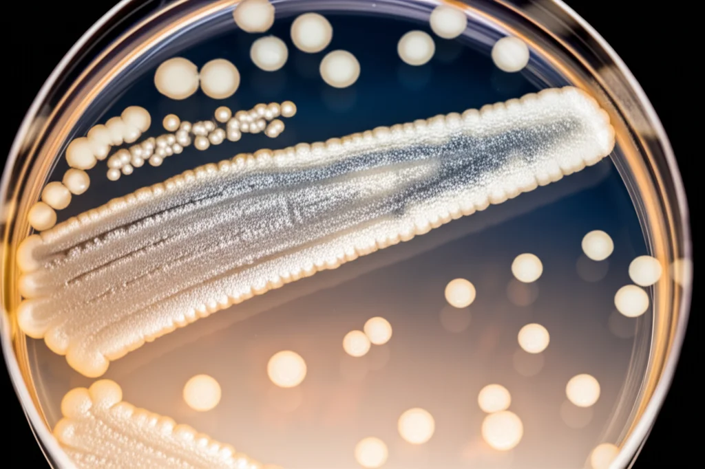 Primo piano di una piastra di Petri illuminata da sotto, mostrando colonie batteriche di Mycobacterium tuberculosis, lente macro 105mm, alta definizione, illuminazione controllata da laboratorio, messa a fuoco precisa sulle colonie.