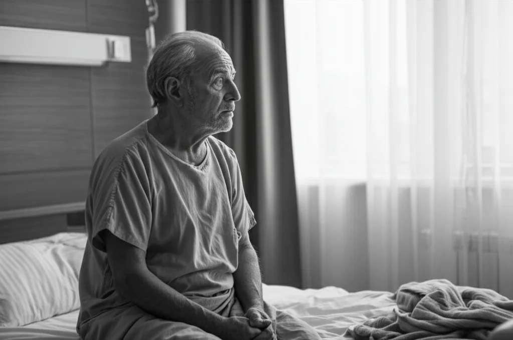 Ritratto di un paziente anziano seduto sul letto d'ospedale, espressione preoccupata ma speranzosa, luce naturale da una finestra, profondità di campo, bianco e nero film, lente 35mm.