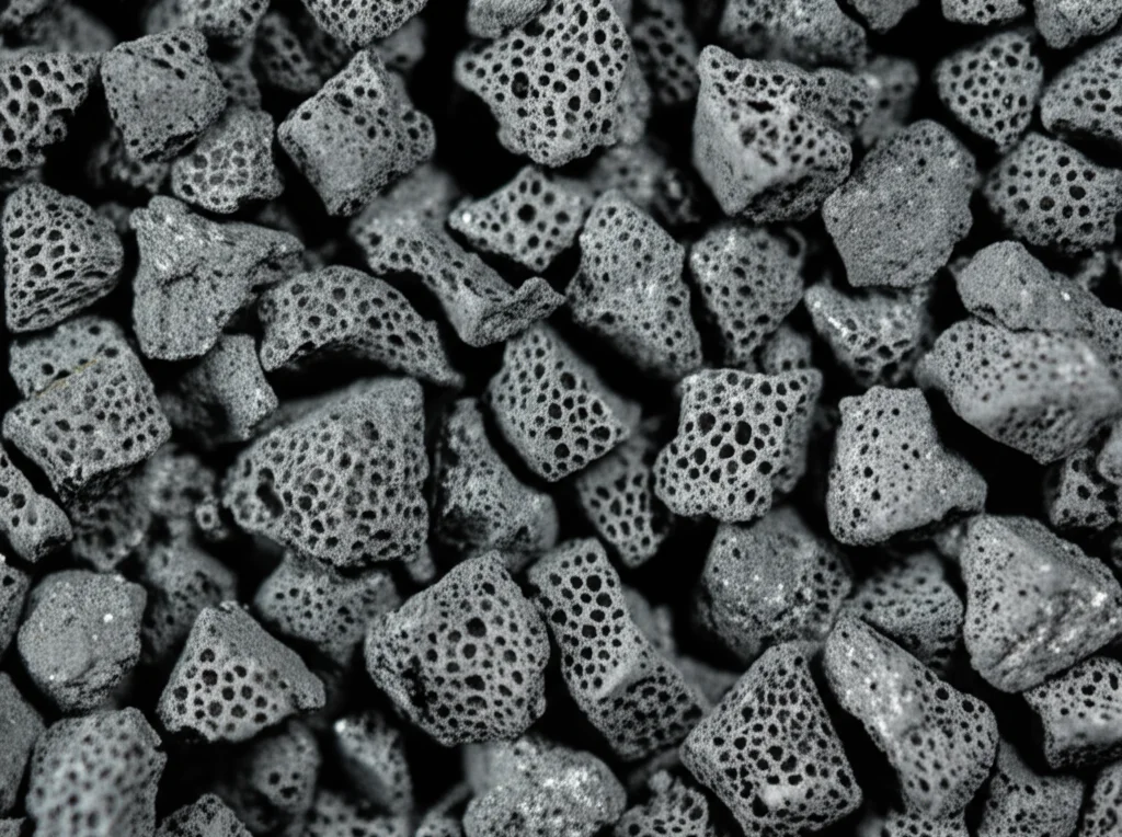 Primo piano macro di scorie di forno elettrico ad arco grigio scuro, porose e irregolari, illuminate lateralmente per evidenziare la texture. Macro lens, 100mm, high detail, controlled lighting.