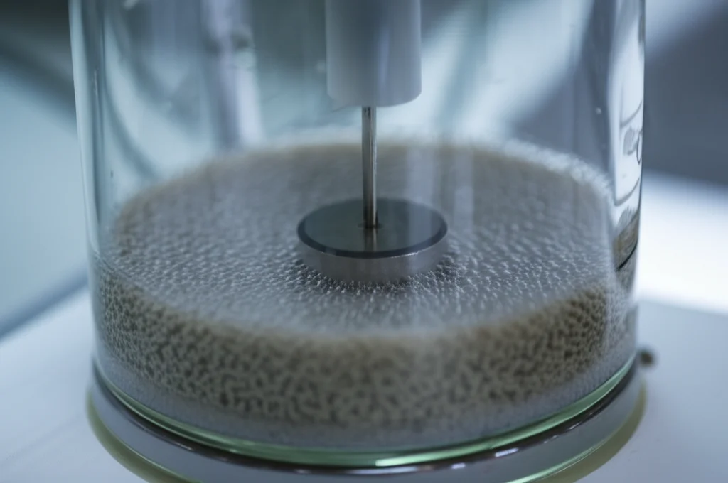 Un reattore di vetro da laboratorio contenente una sospensione grigiastra (acqua e polvere di scorie) con bollicine di CO2 che risalgono, agitata da un'ancoretta magnetica. Illuminazione da laboratorio controllata, focus preciso sulla sospensione. Macro lens, 80mm.