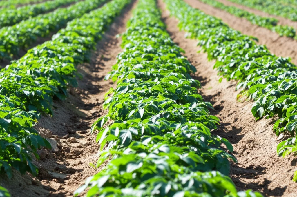 Campo sperimentale di patate Red Norland con diverse larghezze di fila ben visibili. Focus sulle piante in crescita e sul terreno sabbioso. Wide-angle lens, 20mm, sharp focus, luce diurna brillante.