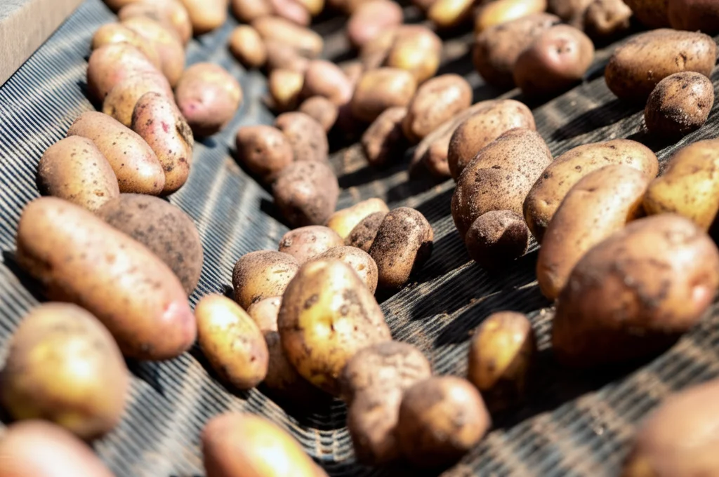 Primo piano di tuberi di patata Red Norland appena raccolti, mostrando diverse dimensioni (A, B, C) su un nastro trasportatore di una macchina selezionatrice. Macro lens, 100mm, high detail, precise focusing, luce artificiale controllata.