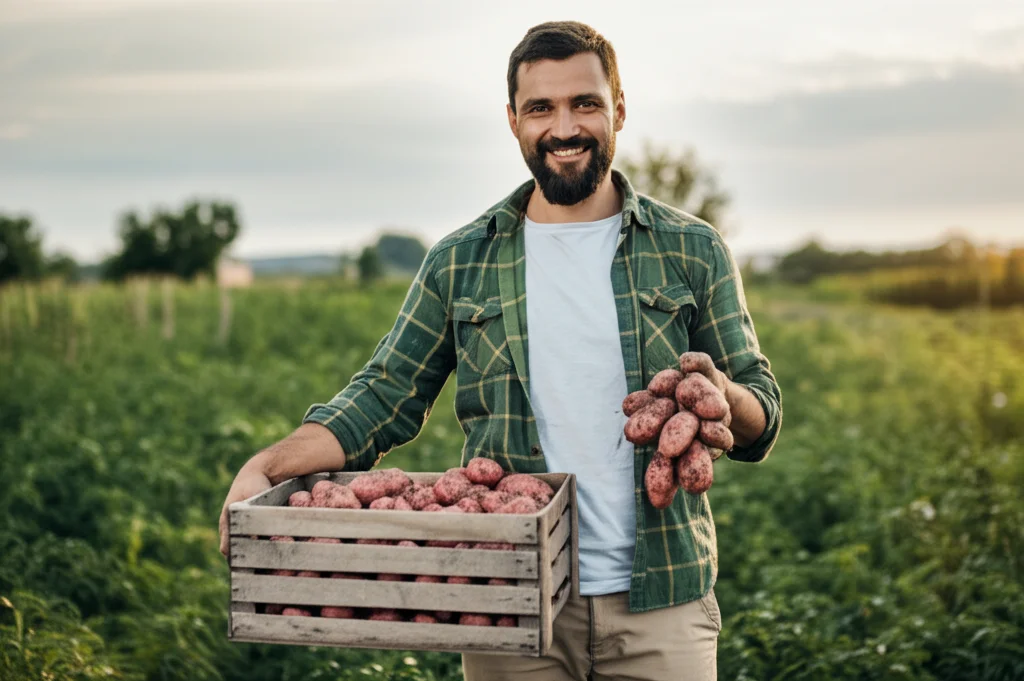 Agricoltore sorridente che tiene in mano un cesto di patate Red Norland appena raccolte nel campo. Portrait photography, prime lens 35mm, depth of field, luce calda del tardo pomeriggio.
