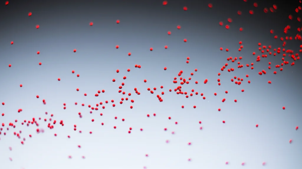 Illustrazione concettuale di particelle microscopiche che interagiscono casualmente (sinistra) che danno origine a un comportamento fluido macroscopico con fluttuazioni (destra), wide-angle lens, 10mm, long exposure per il lato fluido, sharp focus.