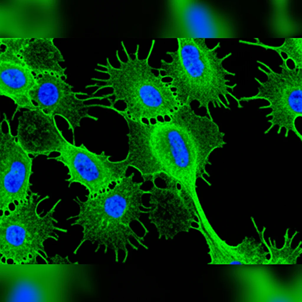 Immagine macro ad alto dettaglio di cellule microgliali isolate da un cervello di topo, visualizzate al microscopio confocale. Illuminazione controllata per evidenziare le strutture cellulari ramificate e ameboidi. Obiettivo macro 100mm, colori fluorescenti verde e blu.