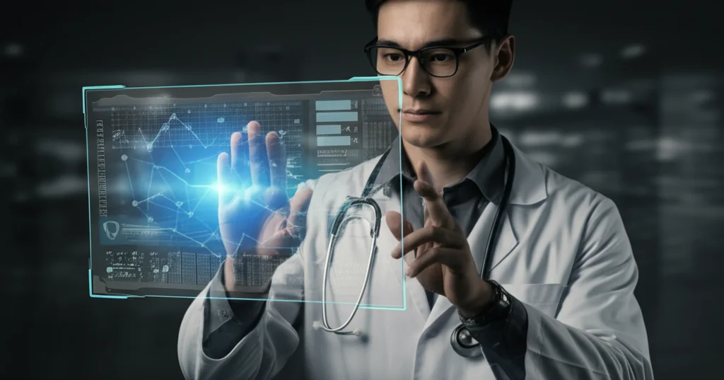 Ritratto di un ricercatore medico concentrato che interagisce con un'interfaccia digitale futuristica su un tablet, visualizzando grafici e connessioni di dati medici complessi, obiettivo 35mm, profondità di campo, toni blu e grigi duotone, che rappresenta l'analisi NLP e l'uso del sistema NGE.