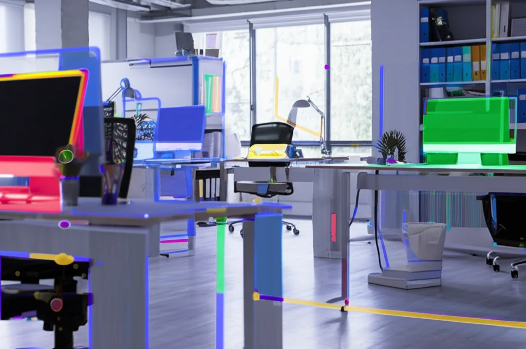 Immagine fotorealistica di un interno di un ufficio moderno, con sovrapposizioni digitali colorate che evidenziano la segmentazione semantica di oggetti come scrivania, sedia, computer, finestra. Obiettivo prime 35mm, profondità di campo, illuminazione controllata da ufficio, alta definizione.