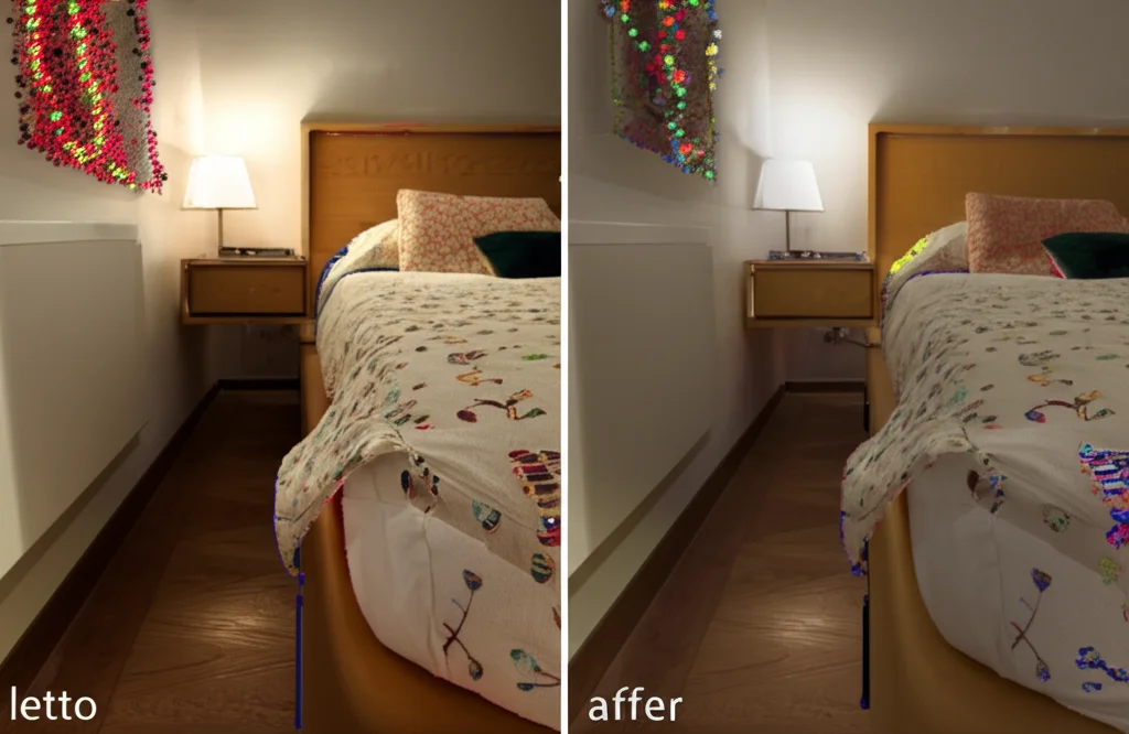 Comparazione fotorealistica affiancata: a sinistra, un'immagine di una camera da letto con segmentazione semantica con errori (es. cuscino non riconosciuto) da un modello standard; a destra, la stessa immagine con segmentazione precisa e dettagliata dal nostro modello multiscala che identifica correttamente letto, cuscino, comodino, finestra. Obiettivo macro 60mm, messa a fuoco precisa sui bordi degli oggetti, alta definizione.